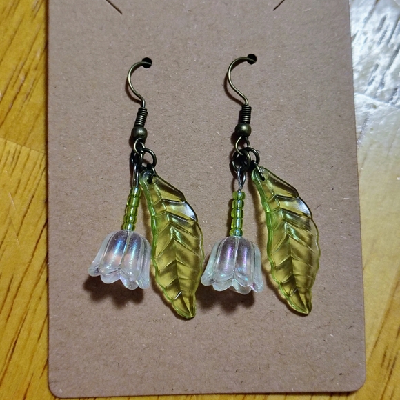 Handmade Jewelry - Cottagecore Flower Earrings Iridescent Bell Leaf Dangle Boho Whimsical Fairycore